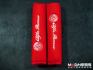 Seat Belt Shoulder Pads - set of 2 - Red w/ White Alfa Romeo Logo + Red Binding